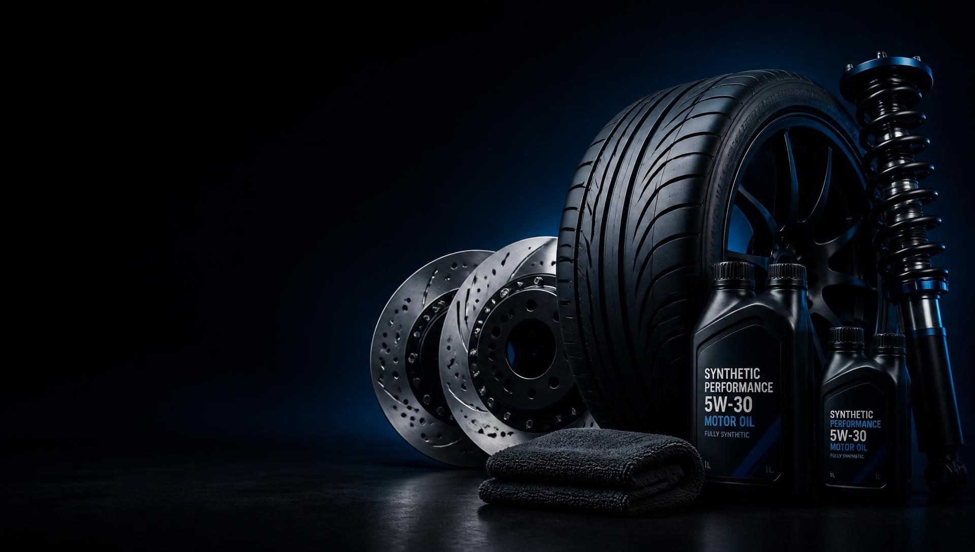 Tyres, brake rotors, suspension and motor oil on a dark studio background